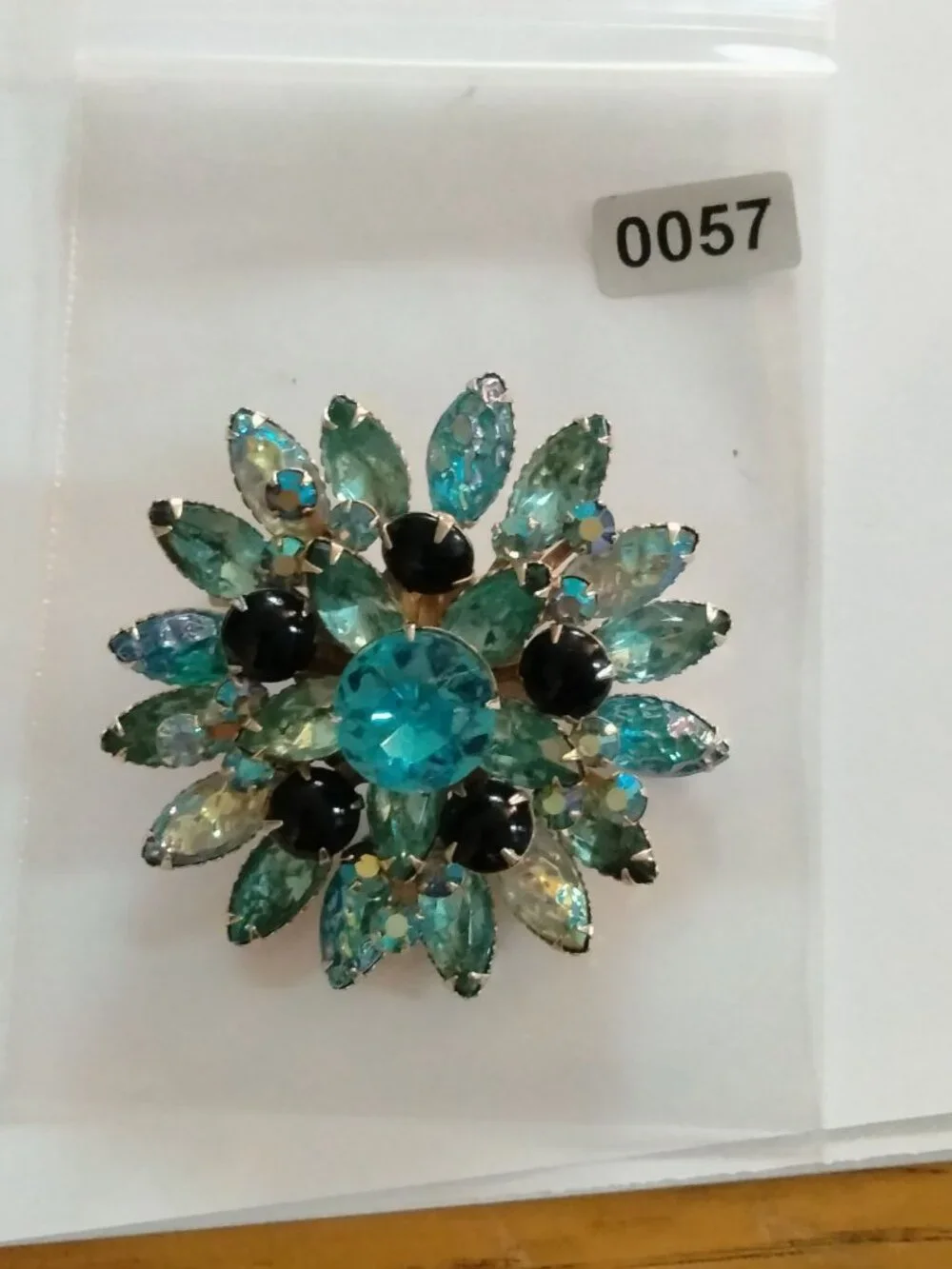Blue Rhinestone Flower Brooch Aqua Marquise Lava Glass Black Vintage Statement